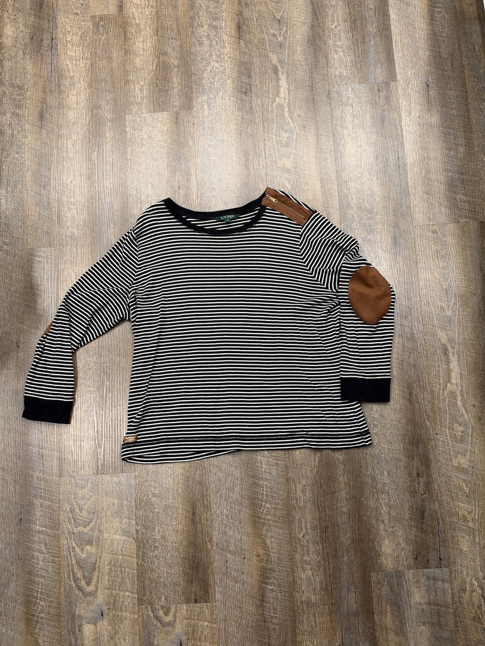 Plus size Striped Black & White Top with Brown Elbow Patches